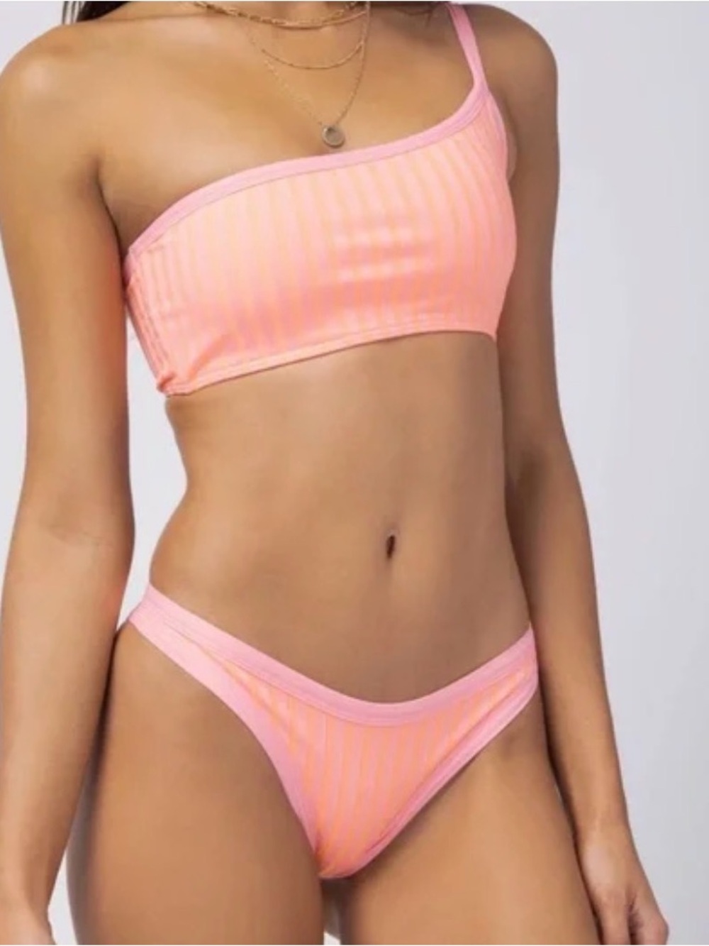 L*Space Axel Bikini Set Coral One-Shoulder Pink Stripe L Top M Bottom